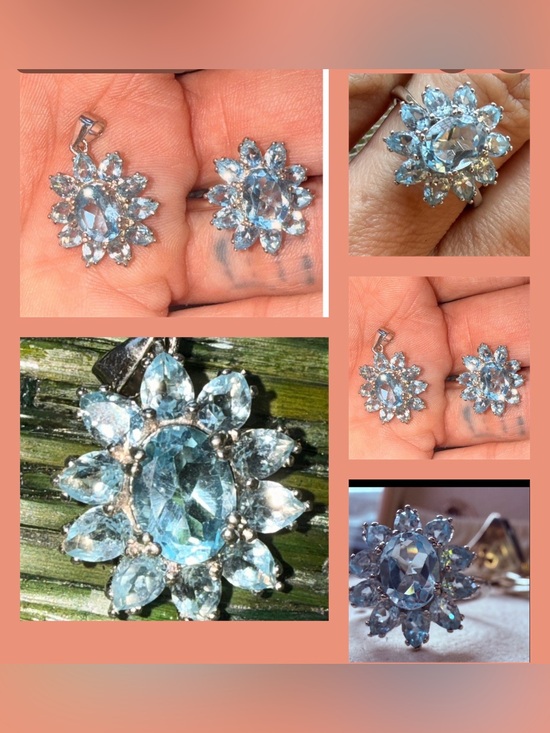 925 Sterling Silver Jewelry - Matching Natural Blue Topaz Flower Pendant and Ring 
Set Sz7